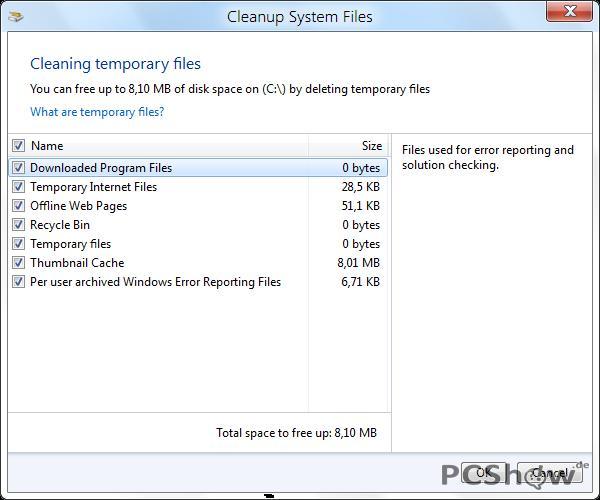 Windows 8 Build 7850 Disk Cleanup: Weiterhin Löschen temporärer Dateien möglich