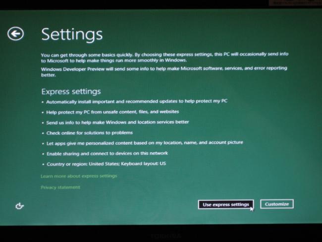 Windows 8 DP: Expresseinstellungen