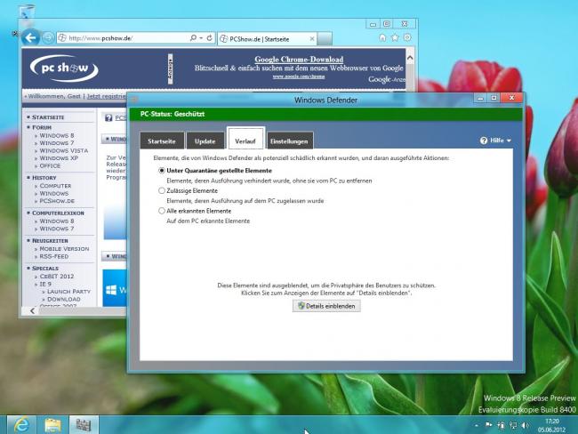 Windows 8 RP: Windows Defender - Verlauf