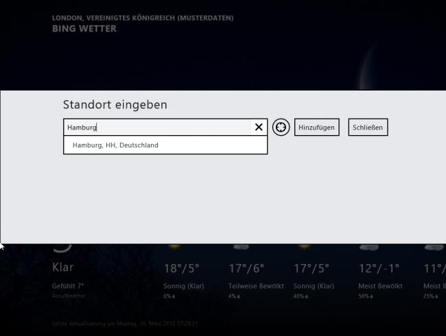 Windows 8 RP: Standorteingabe der Wetter-App