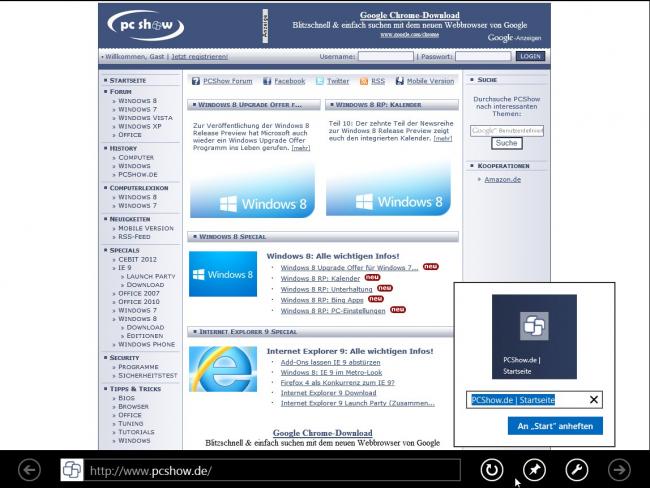 Windows 8 RP: Seite mit dem Internet Explorer 10 an Start anheften 