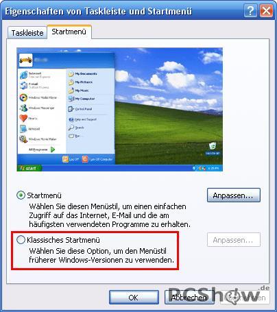 Klassisches Startmenü wählen