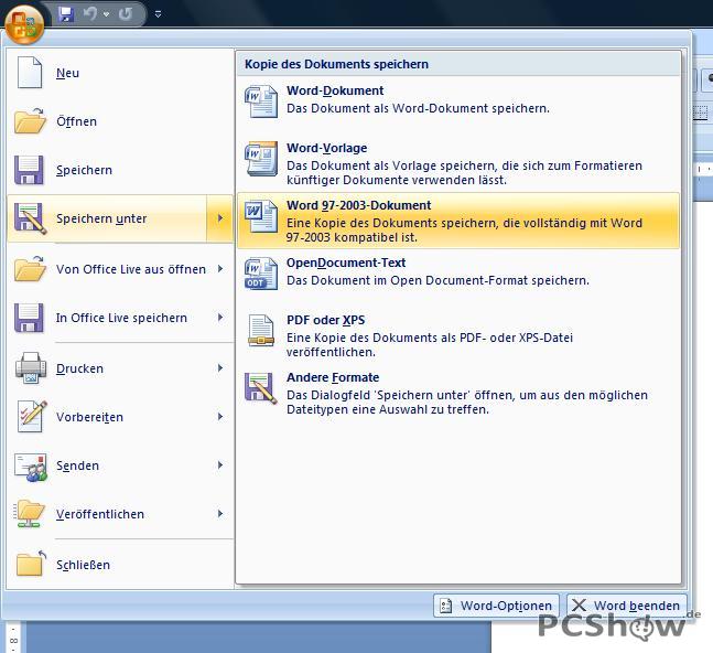 Speicheroptionen in Word 2007