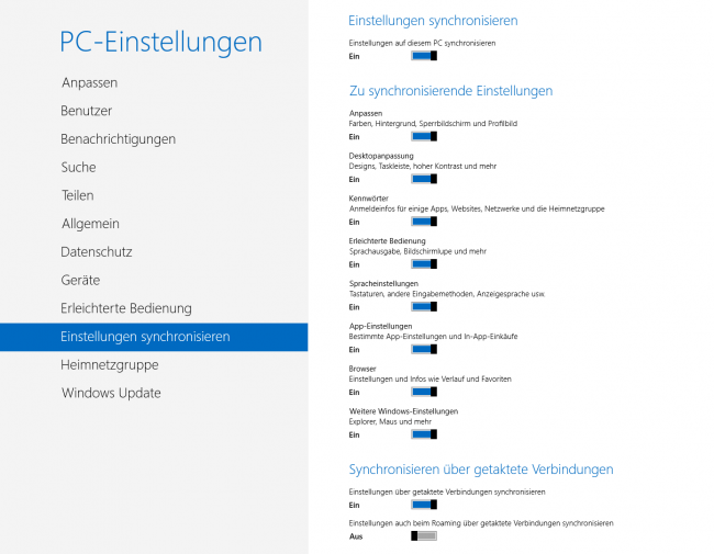 Windows 8 Einstellungen synchronisieren