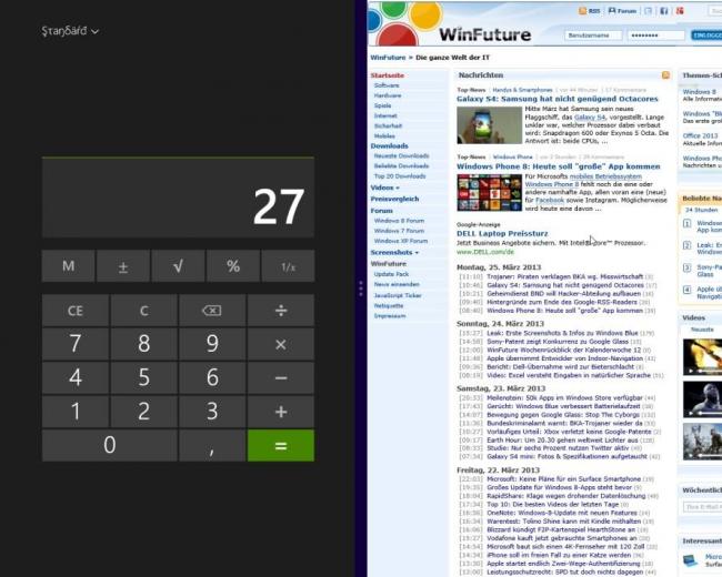 Windows 8 Apps können beliebig nebeneinander angeordnet werden