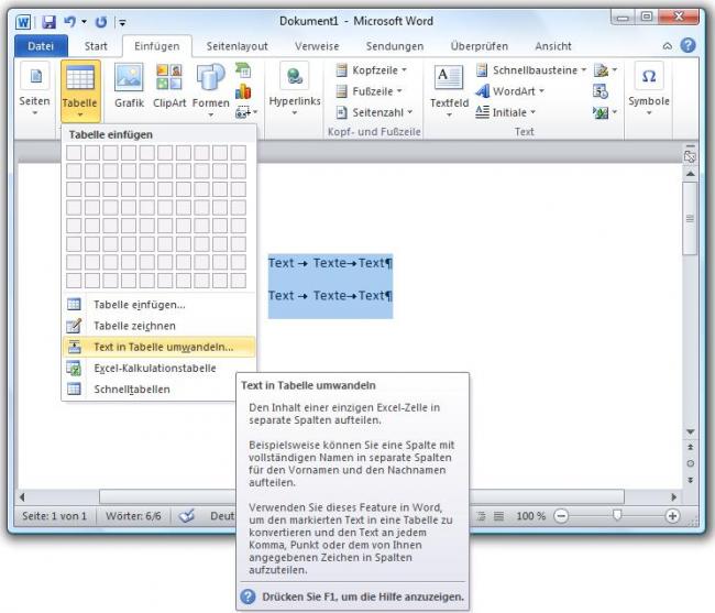 Text in Tabelle umwandeln