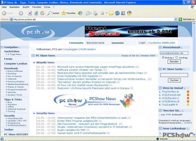 PCShow.de Startseite am 28.12.2003