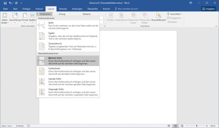 Umbrüche in Word 2016