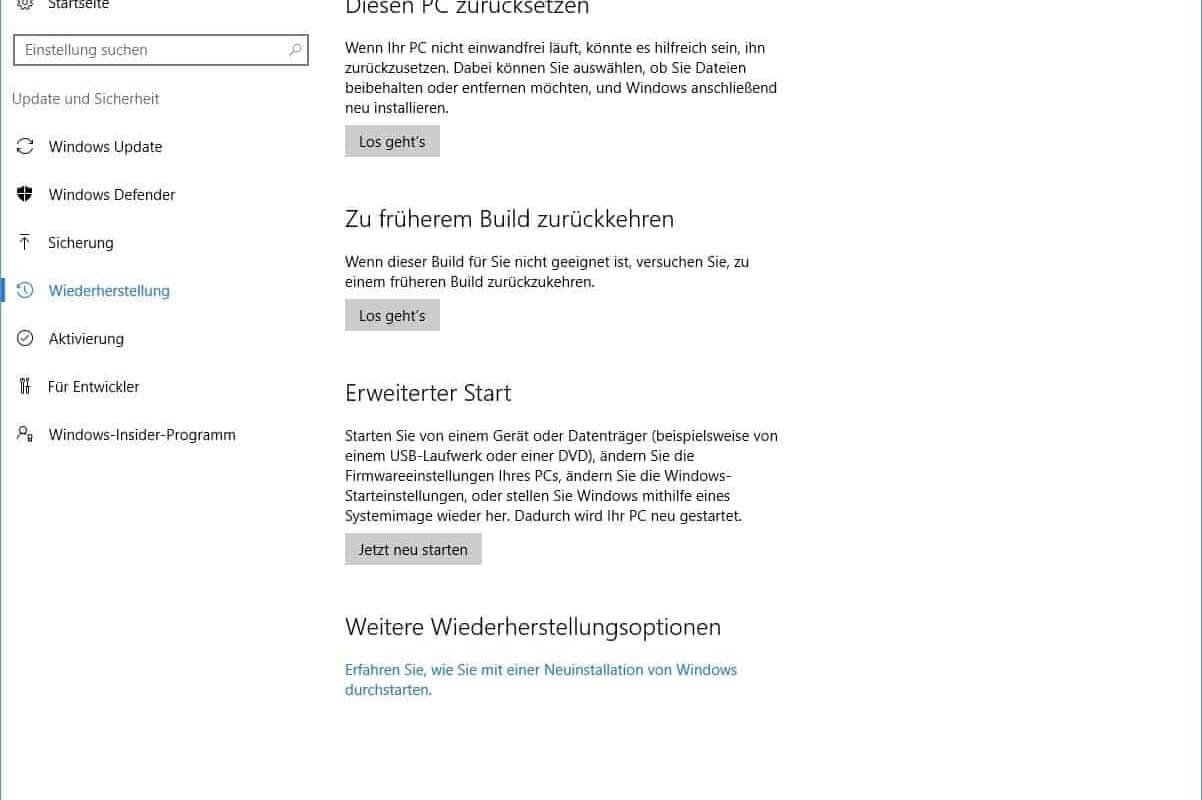 Windows 10 Wiederherstellungsoptionen