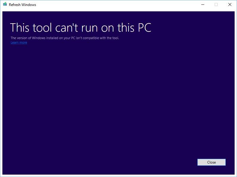 Windows Refresh Fehler bei falscher Windows 10 Version