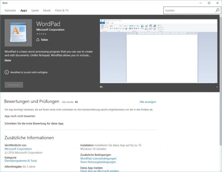 WordPad im Windows Store