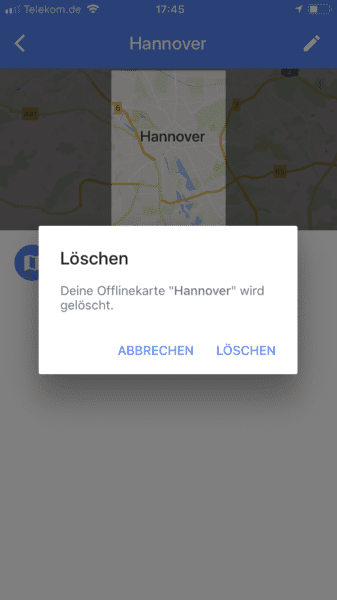 Offline Maps: Karte löschen