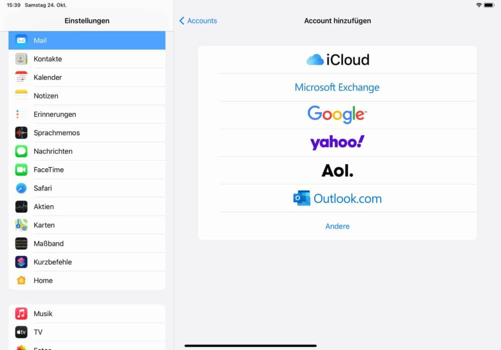 Mail auf iPad einrichten mit bekanntem Anbieter