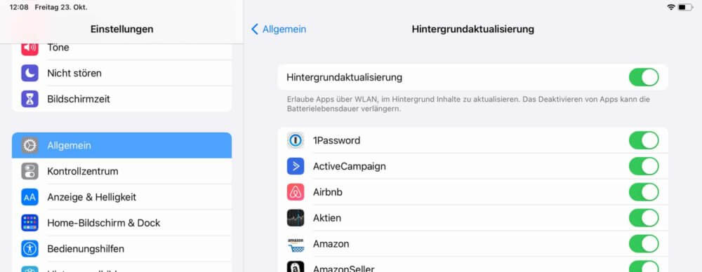 Hintergrundaktualisierung ausschalten und damit iPad beschleunigen