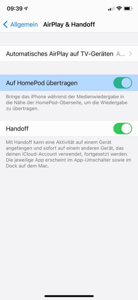 HomePod Handoff aktivieren