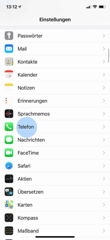 Telefon in Einstellungen auswählen
