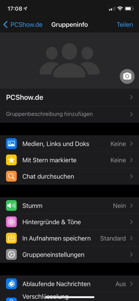 Gruppenbild in WhatsApp ändern in den Einstellungen