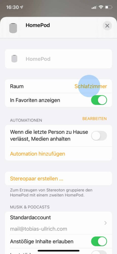 HomePod einem Raum zuweisen