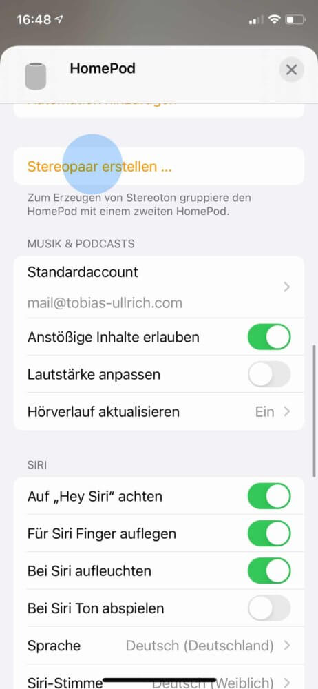 Beim HomePod einrichten ihn als Stereopaar konfigurieren