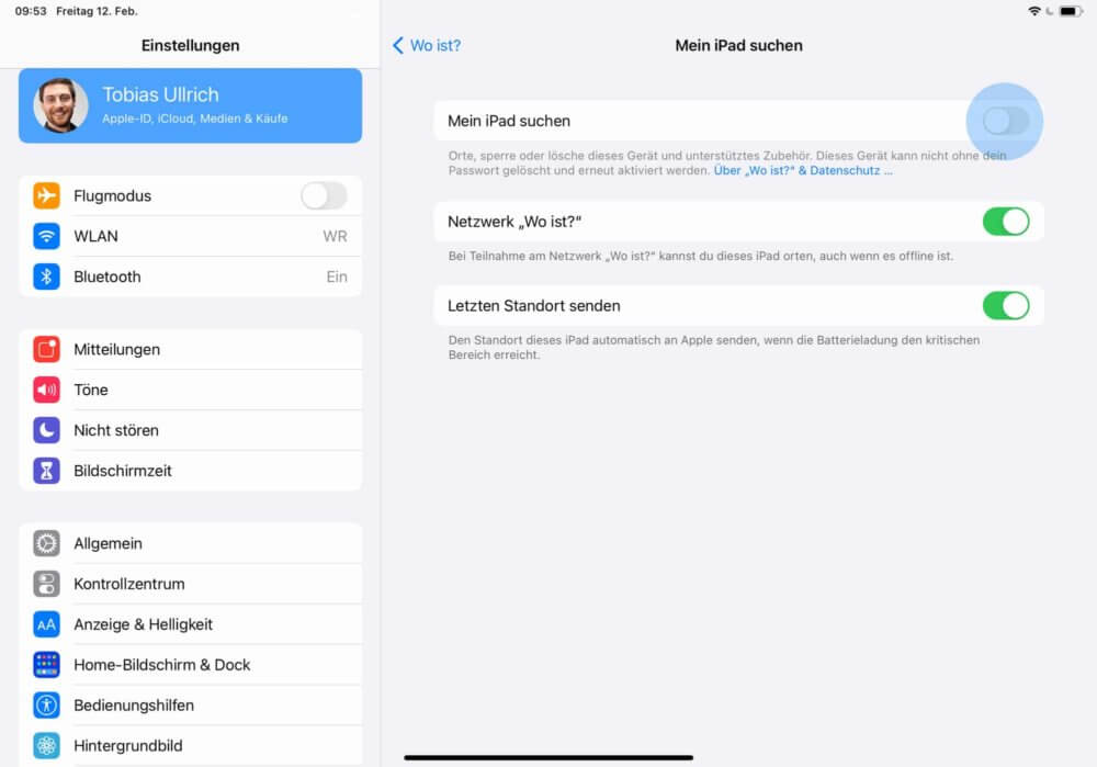 Mein iPad suchen deaktivieren in den Einstellungen