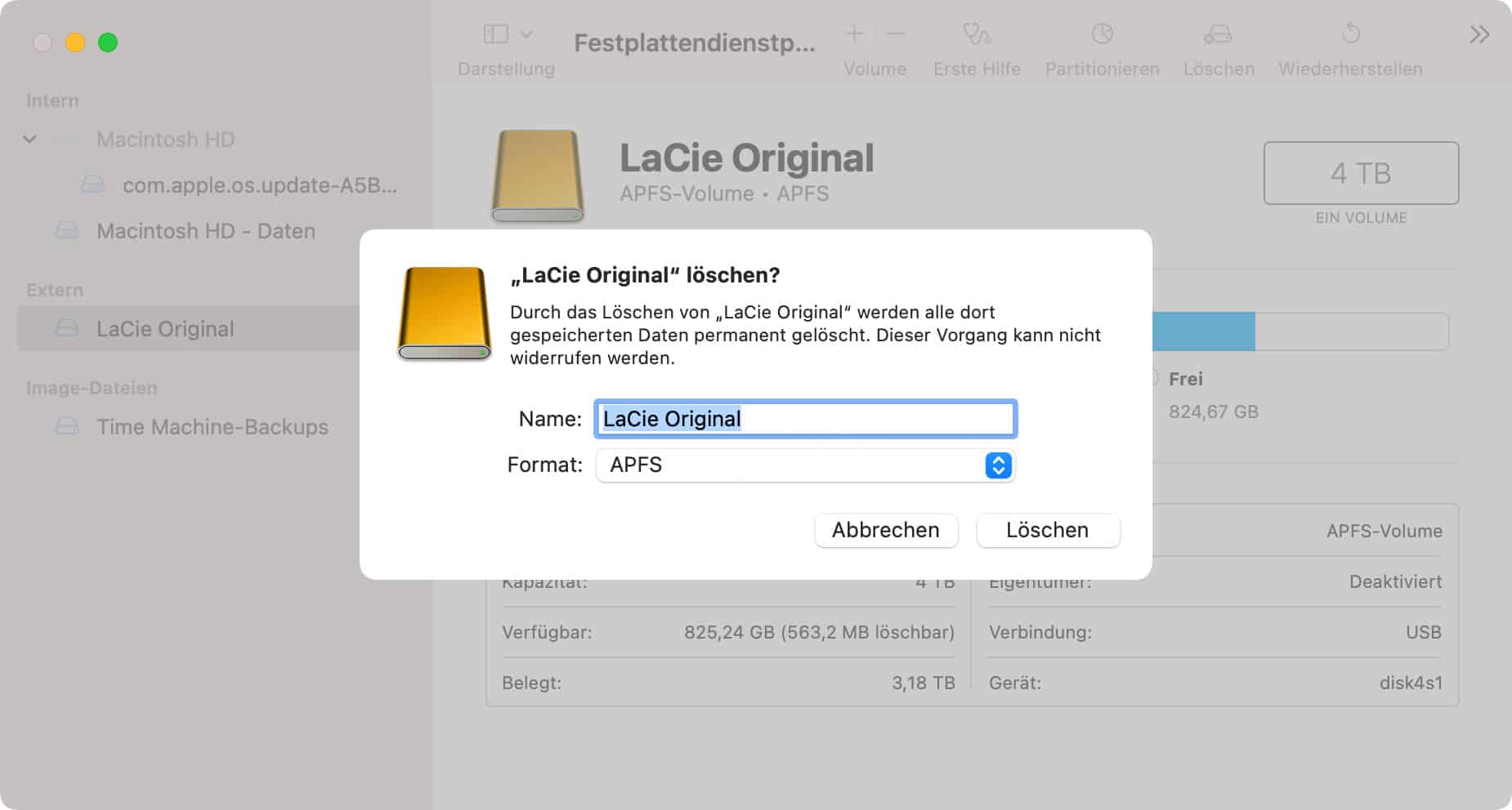 Externe Festplatte löschen vor dem Time Machine Backup