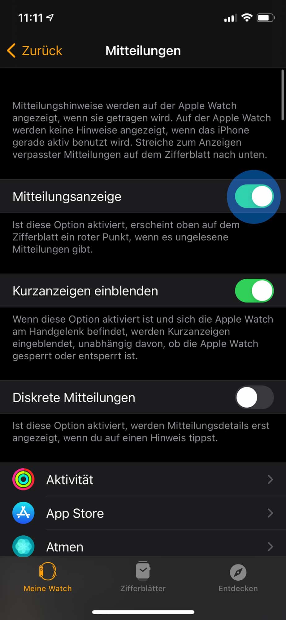 Mitteilungen an der Apple Watch aktivieren