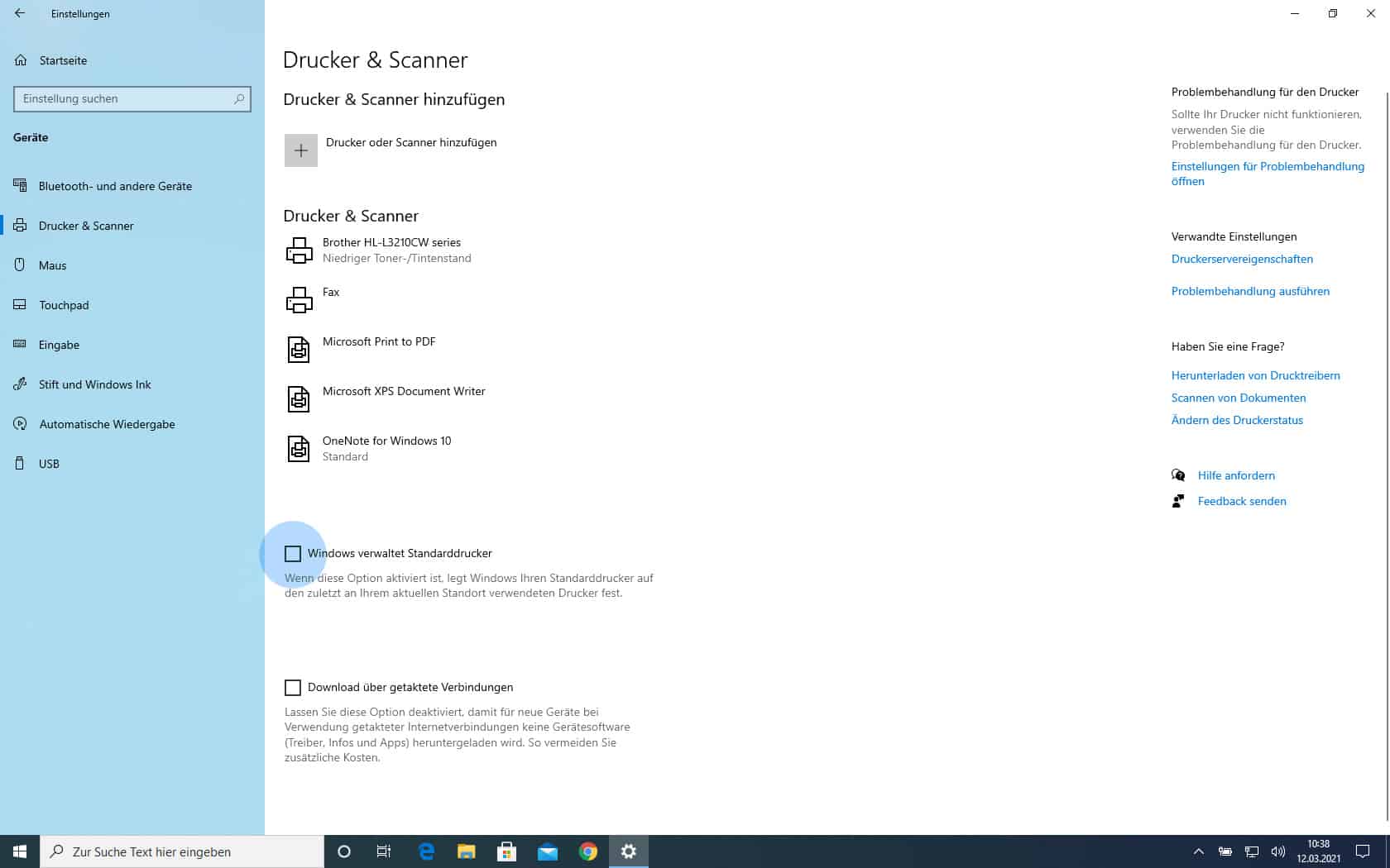 Windows 10 verwaltet Standarddrucker deaktivieren