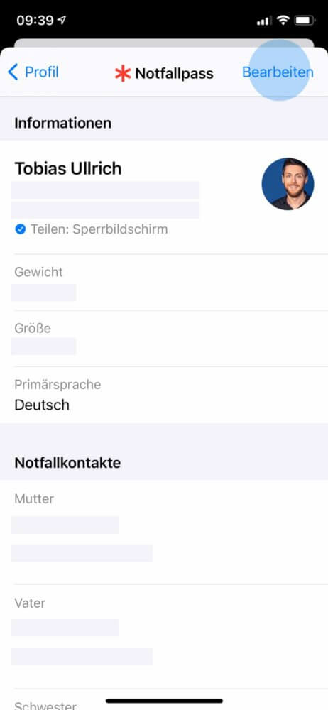 Notfallkontakt iPhone bearbeiten