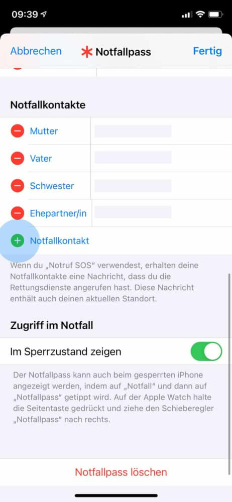 Notfallkontakt iPhone hinzufügen