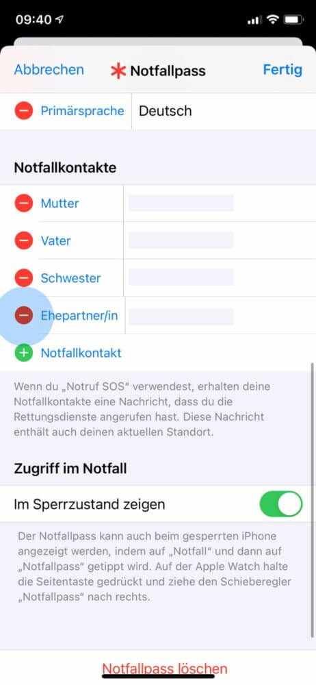 Notfallkontakt iPhone entfernen