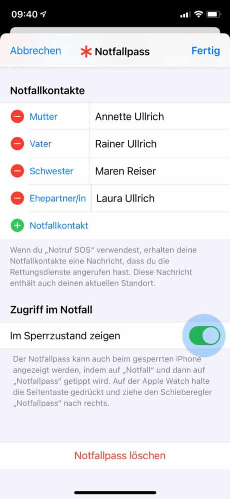 Notfallkontakt iPhone im Sperrbildschirm anzeigen