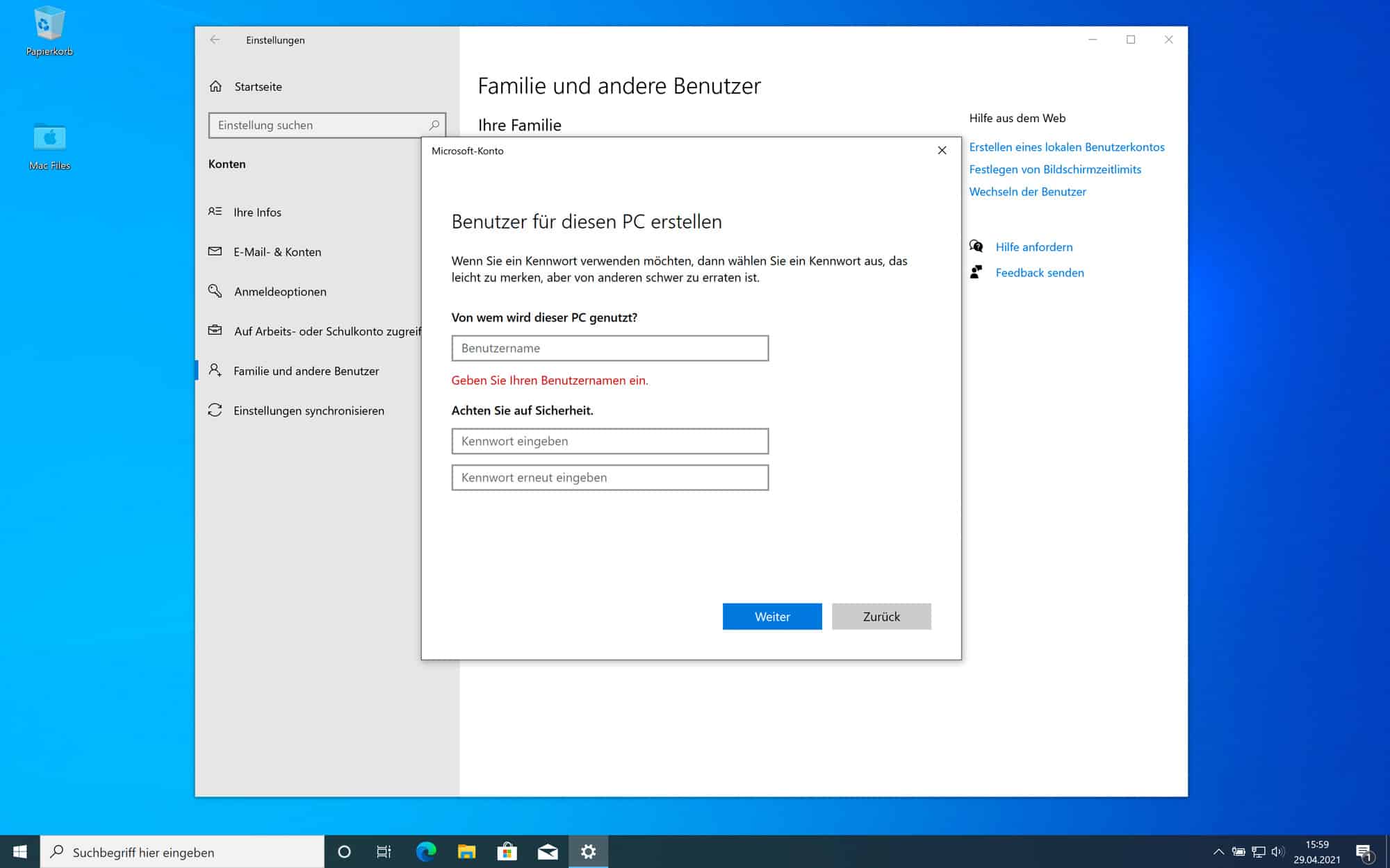 Passwort für den Benutzer unter Windows 10 vergeben