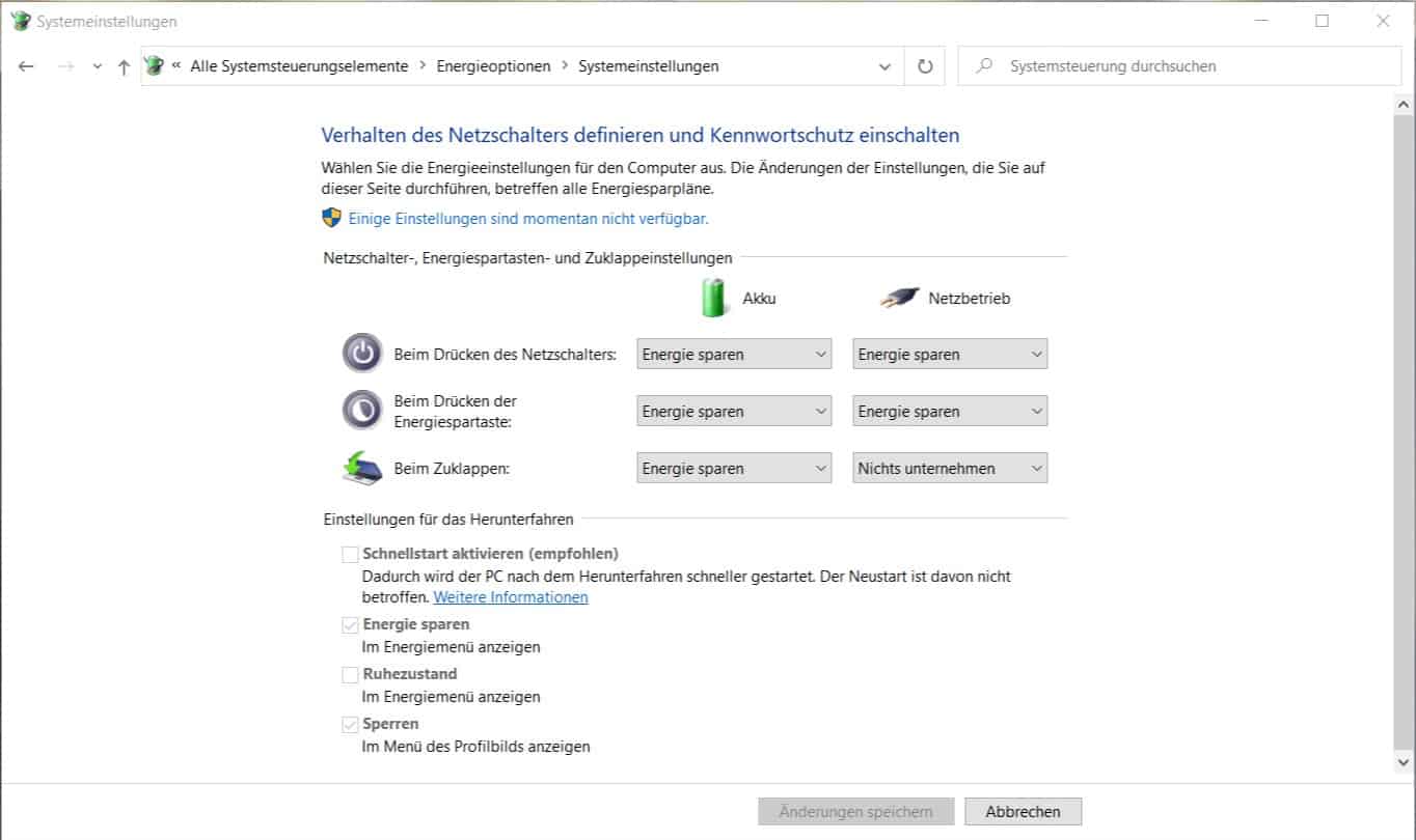 Einstellungen in Systemsteuerung vornehmen