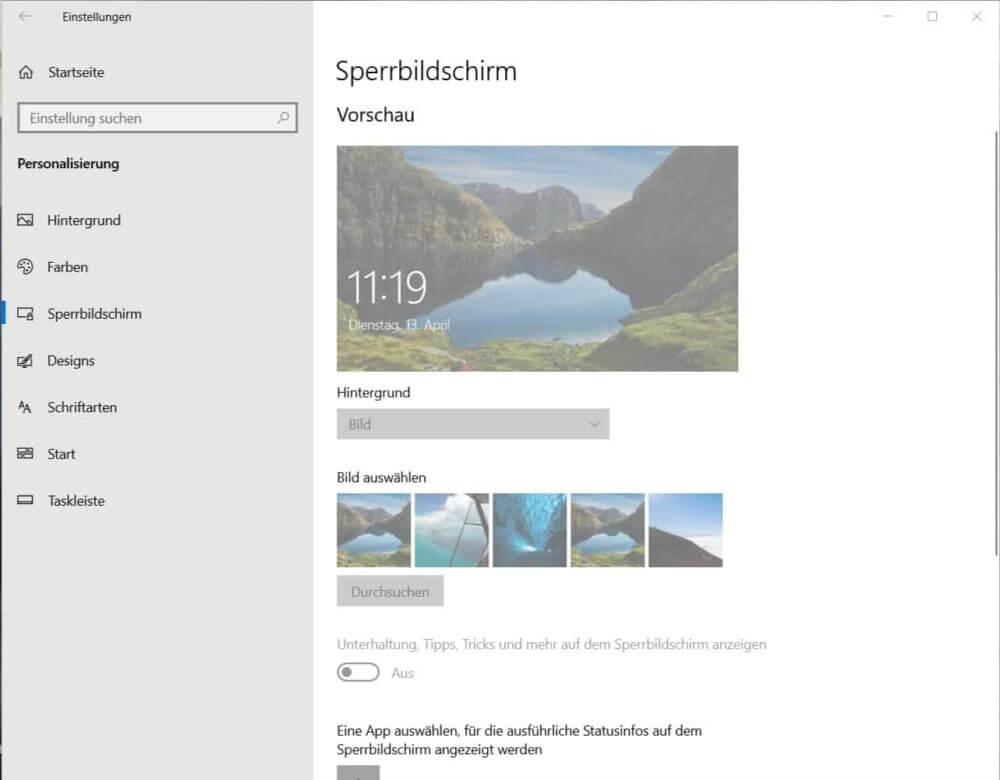 Anderen Hintergrund für Windows 10 Sperrbildschirm Bilder wählen