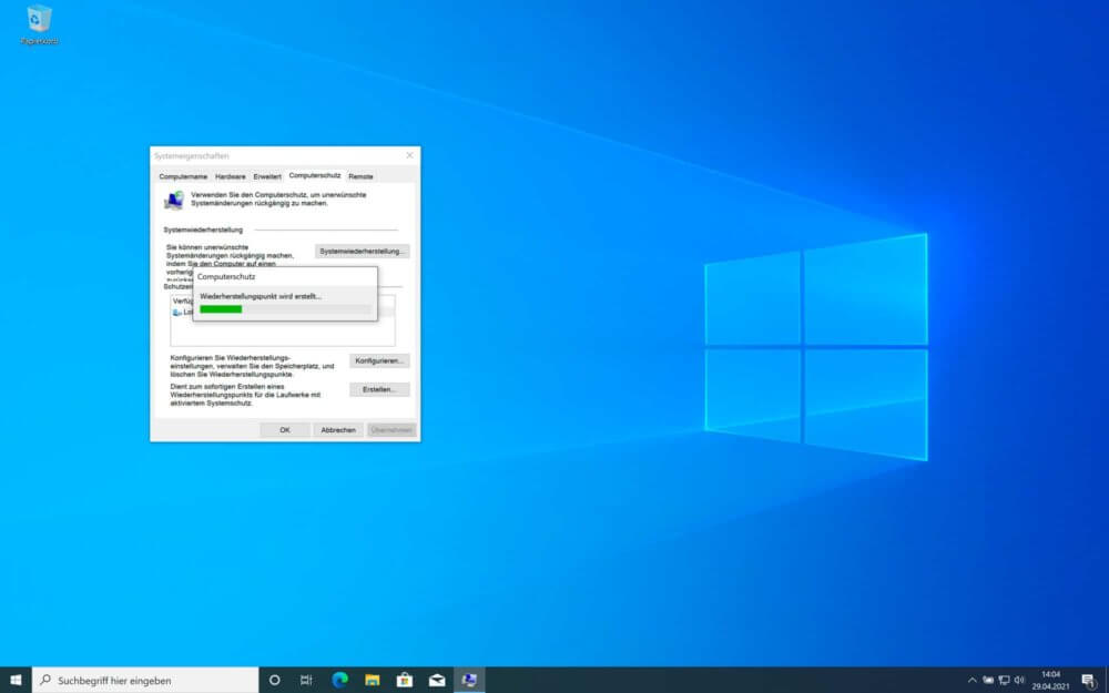 Windows 10 Wiederherstellungspunkt erstellen wird gestartet