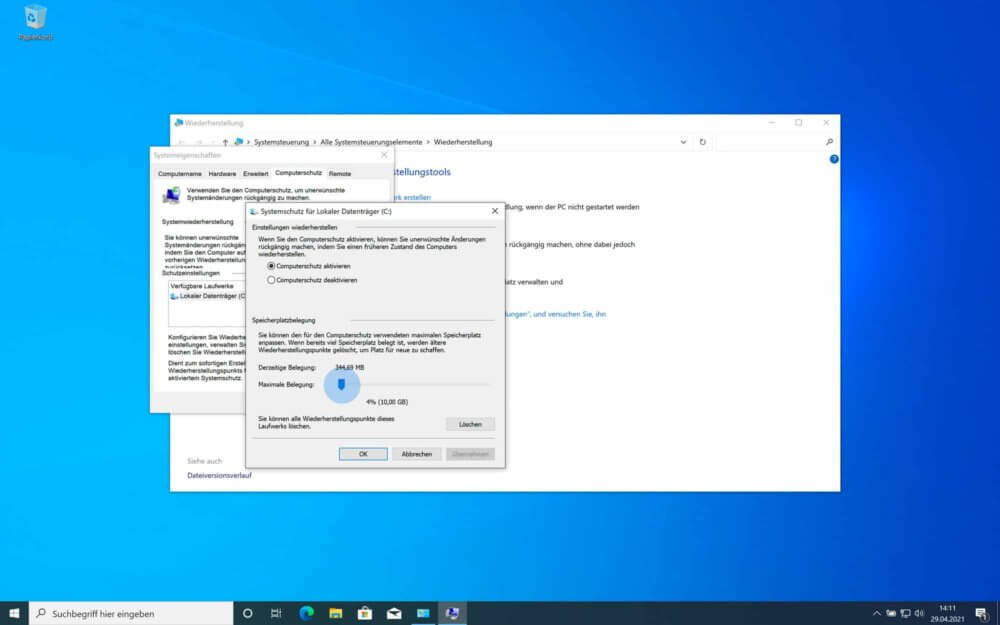 Speicherplatz für Windows 10 Wiederherstellungspunkt wählen