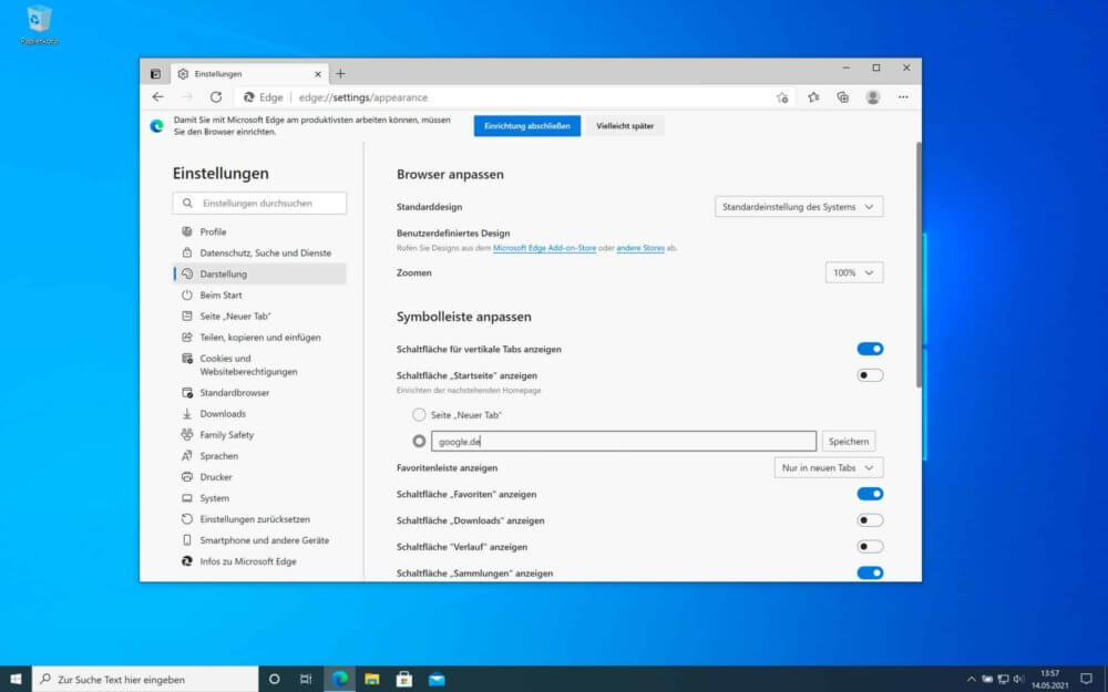 Google als Startseite festlegen Windows 10 im Edge Browser