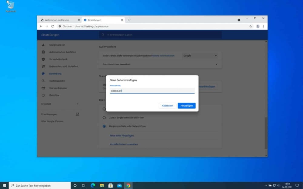 Google als Startseite festlegen Windows 10 im Chrome Browser