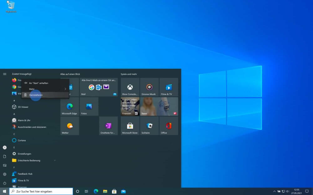 Windows 10 Apps deinstallieren über das Startmenü