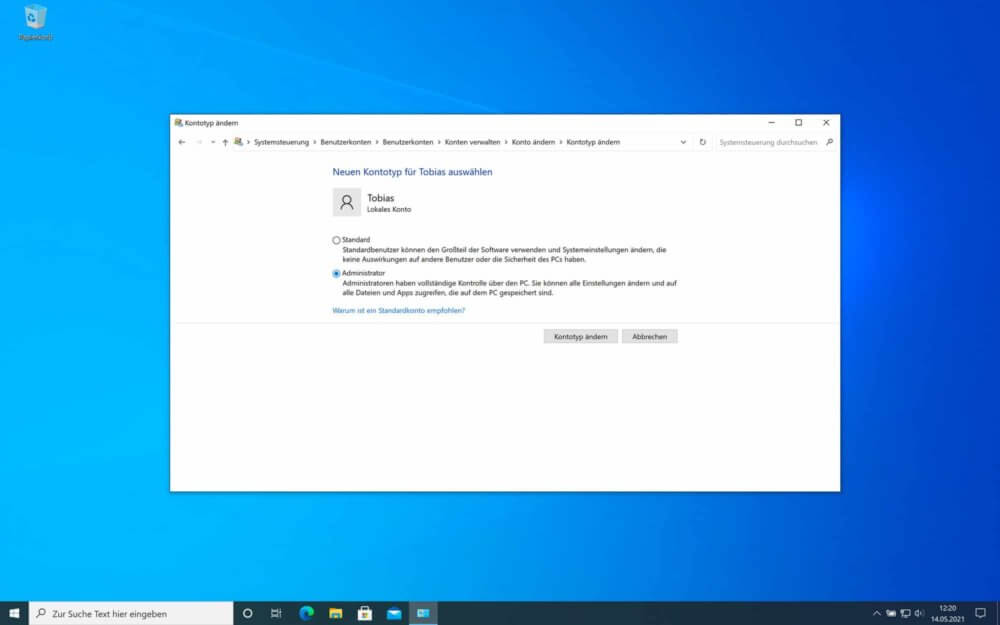 Als Admin ändern und dann Windows 10 Benutzer löschen