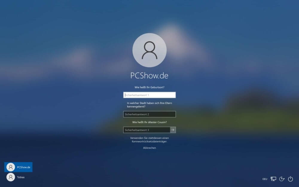Windows 10 Kennwort vergessen und Sicherheitsfragen nutzen