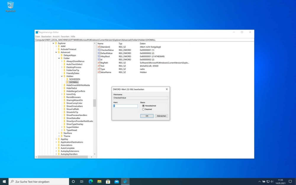 Windows 10 versteckte Ordner anzeigen über Regedit