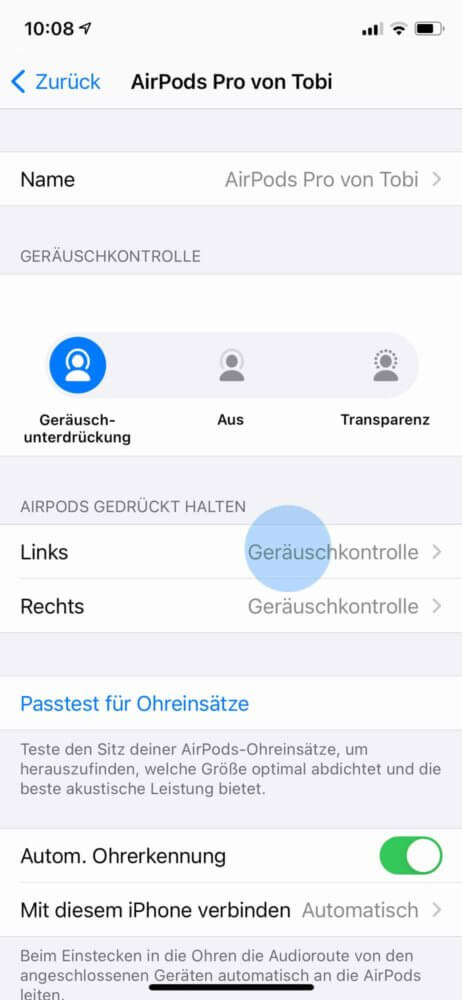 AirPods Pro Geräuschunterdrückung als Option wählen