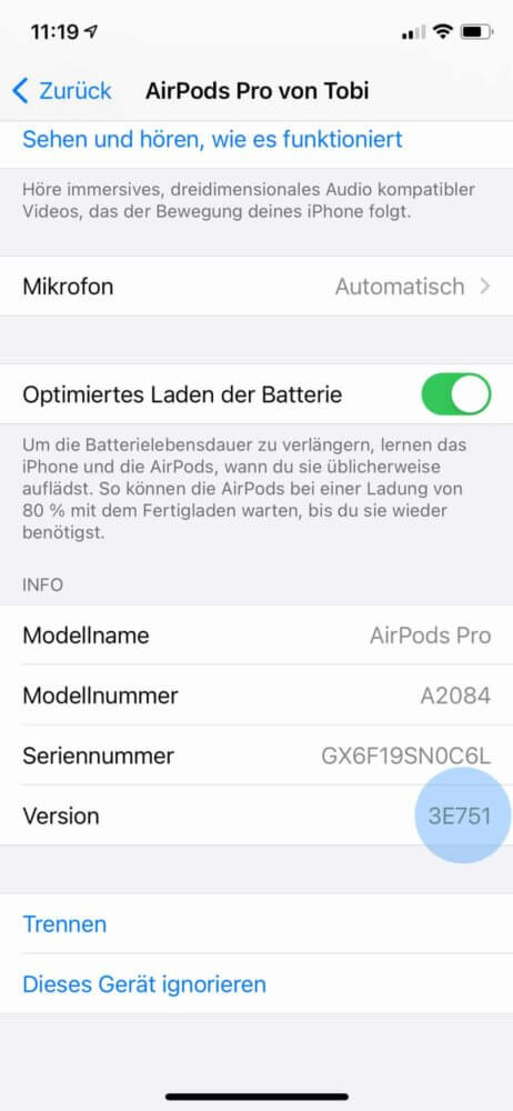 Schauen ob AirPods Pro Update aktuell ist