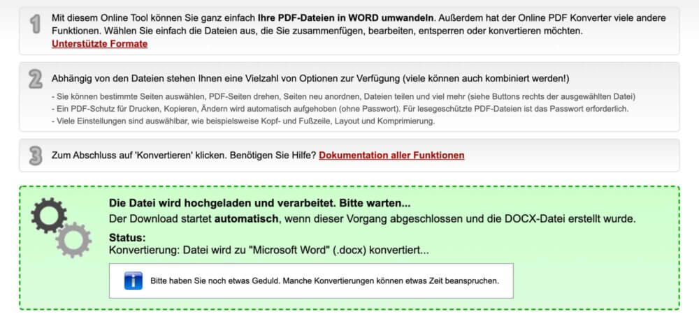 online2pdf.com wandelt PDFs in Word um am Mac