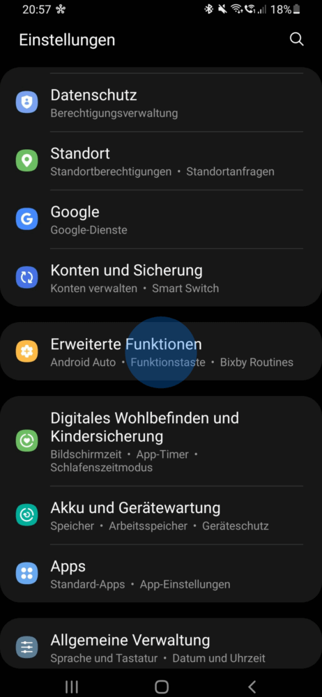 So gelangst du zu den Erweiterten Funktionen