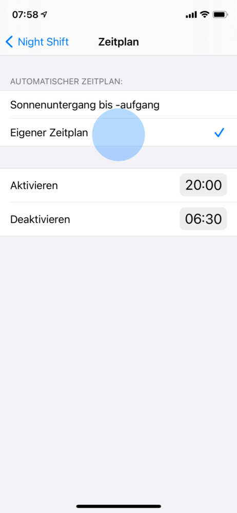 Night Shift iPhone durch Sonnen auf und Untergang kontrollieren