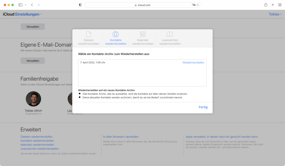 Über iCloud Gelöschte Kontakte wiederherstellen
