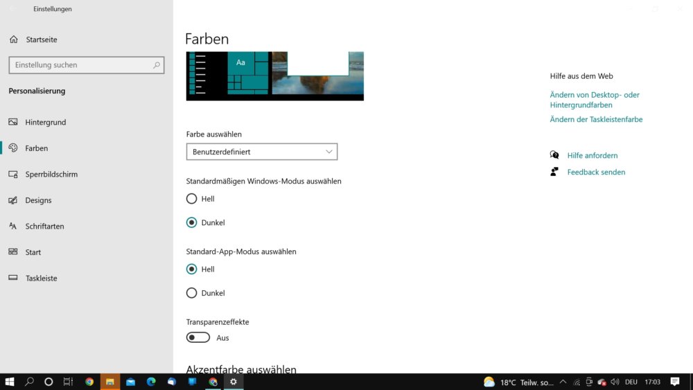 Windows Taskleiste Farbe ändern über die Einstellungen