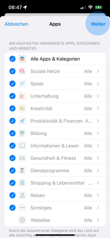 Alle Apps limitieren